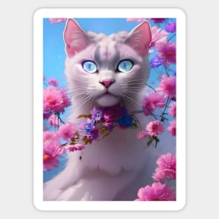 Grey Cat Surrounded by Pink Flowers Sticker